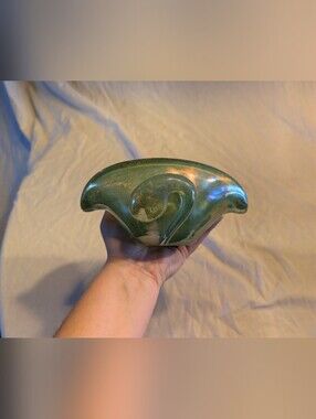 2/60$ Vintage Green Iridescent Sculptural Glass Bowl